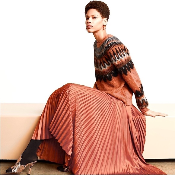 ALC Copper Satin Pleated Sleeveless Halter Smocked Waist Asymmetrical Hem Gown 2 - Picture 6 of 16